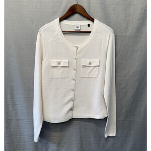 Cabi Cardigan Lady Jacket Womens Size L White Fencing Ripped Knit Old Money